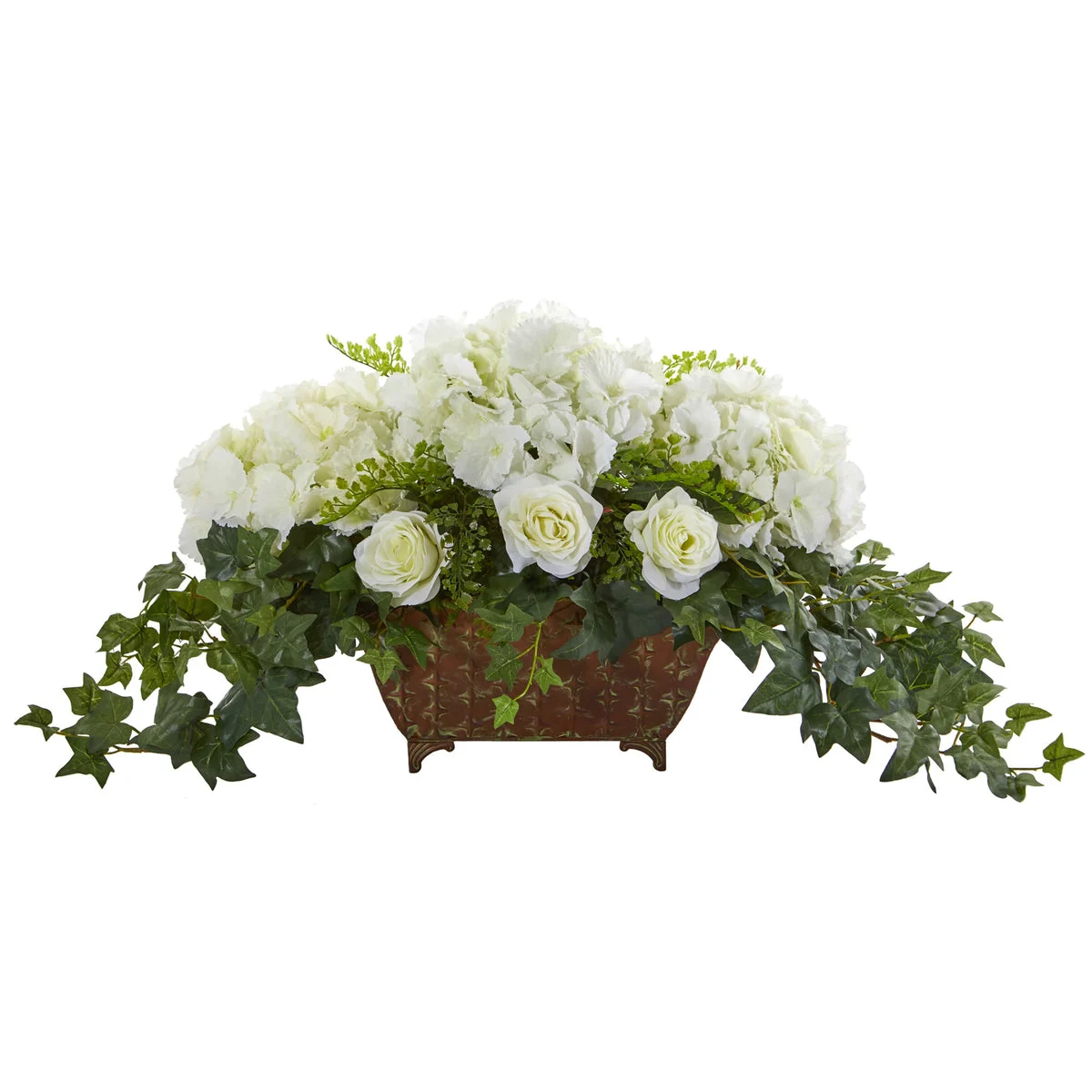 Nearly Natural Hydrangea & Roses Artificial Arrangement in Metal Planter