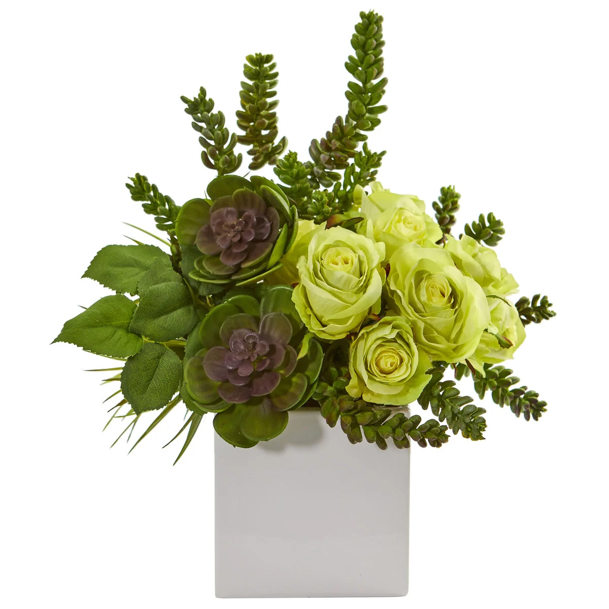 Nearly Natural 14`` Rose & Succulent Artificial Arrangement in White Vase