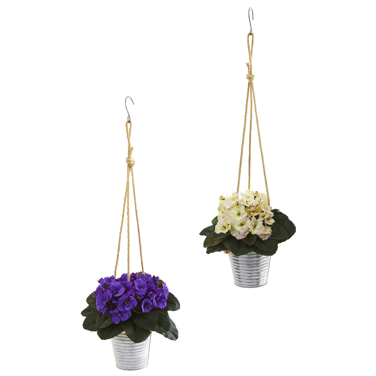 Nearly Natural 21`` African Violet Artificial Plant in Hanging Bucket (Set of 2)