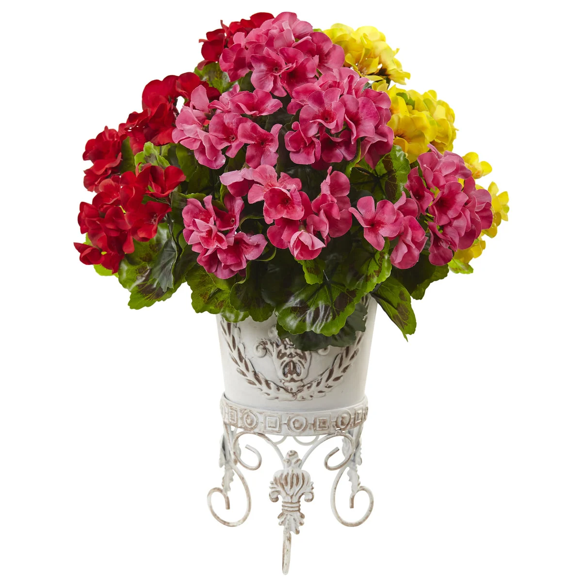 Nearly Natural Geranium with Metal Planter UV Resistant (Indoor/Outdoor)
