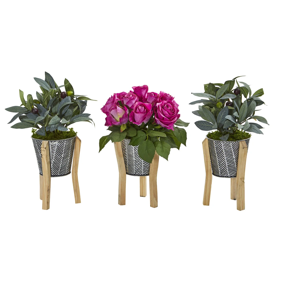 Nearly Natural 13`` Rose and Olive Artificial Arrangement in Tin Vase with Legs (Set of 3)