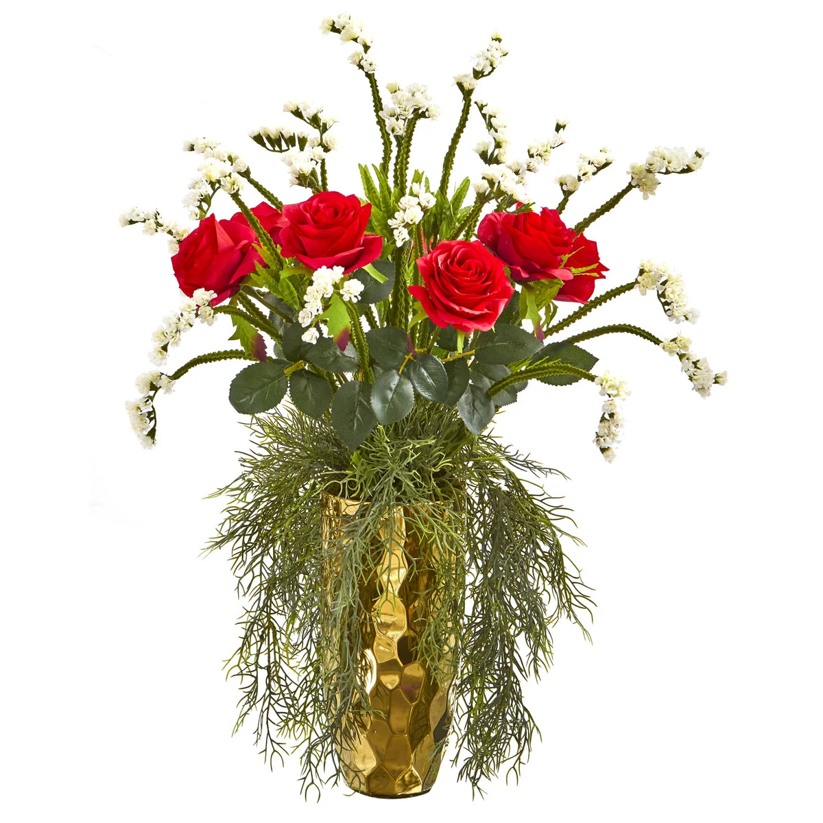 Nearly Natural 25`` Rose Artificial Arrangement in Designer Gold Vase