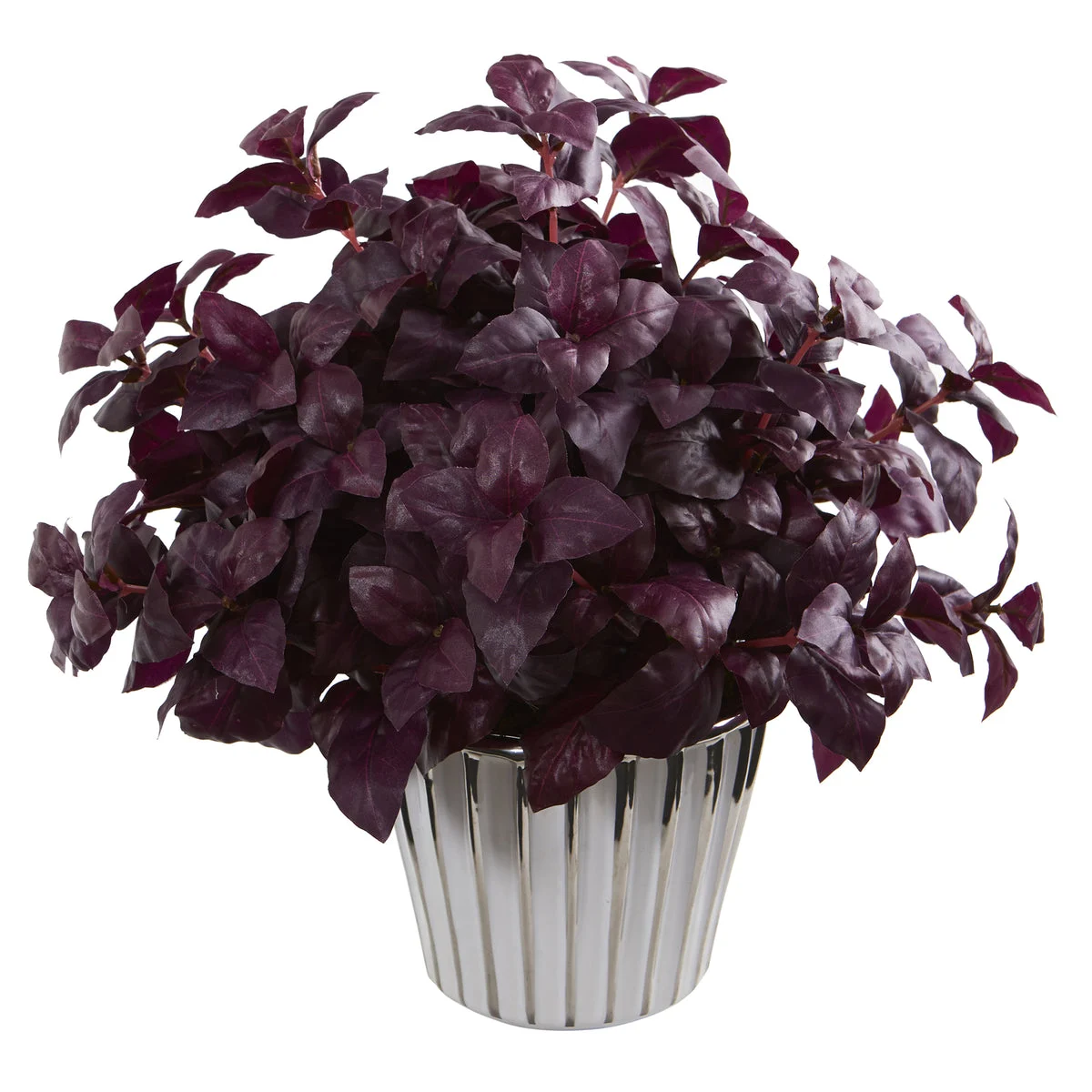 Nearly Natural 14`` Basil Artificial Plant in White Planter with Silver Trimming