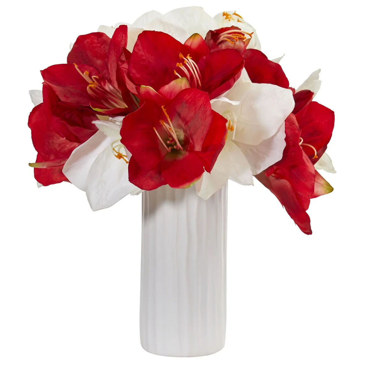 Nearly Natural Amaryllis Artificial Arrangement in White Vase