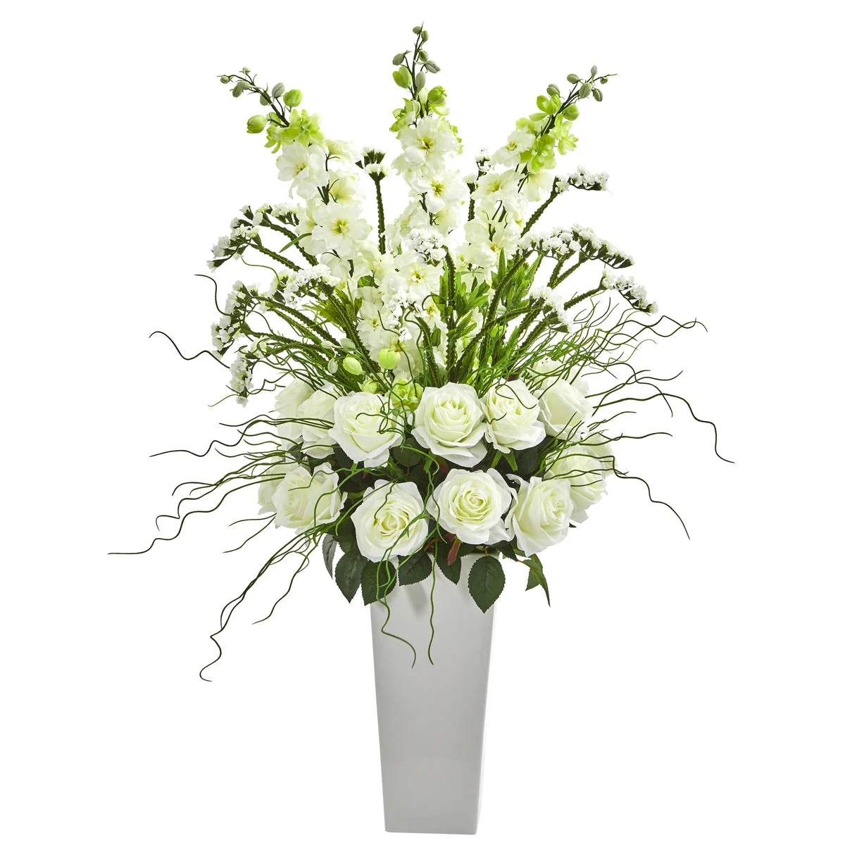Nearly Natural 35`` Delphinium and Rose Artificial Arrangement in White Planter
