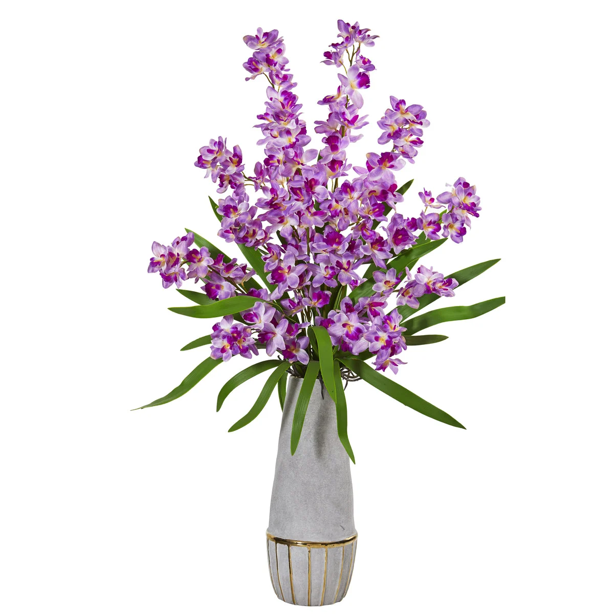 Nearly Natural 37`` Orchid Artificial Arrangement in Stoneware Oval Vase with Gold Trimming