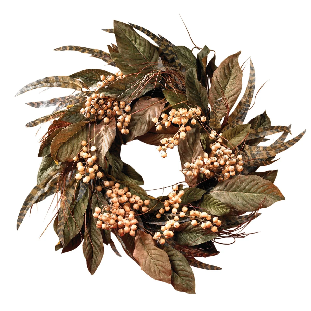 Nearly Natural 4681 24" Artificial Green & Gold Feather & Berry Wreath