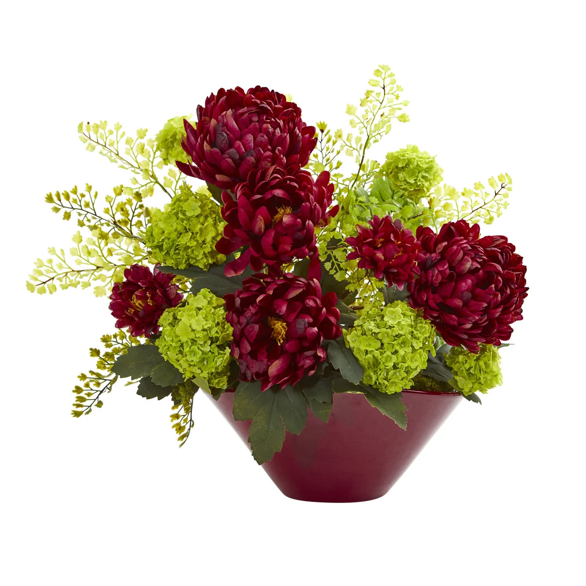 Nearly Natural Mums & Hydrangeas Artificial Arrangement in Red Vase