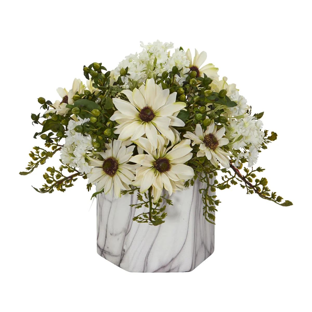 Nearly Natural Daisy Artificial Arrangement in Marble Finished Vase