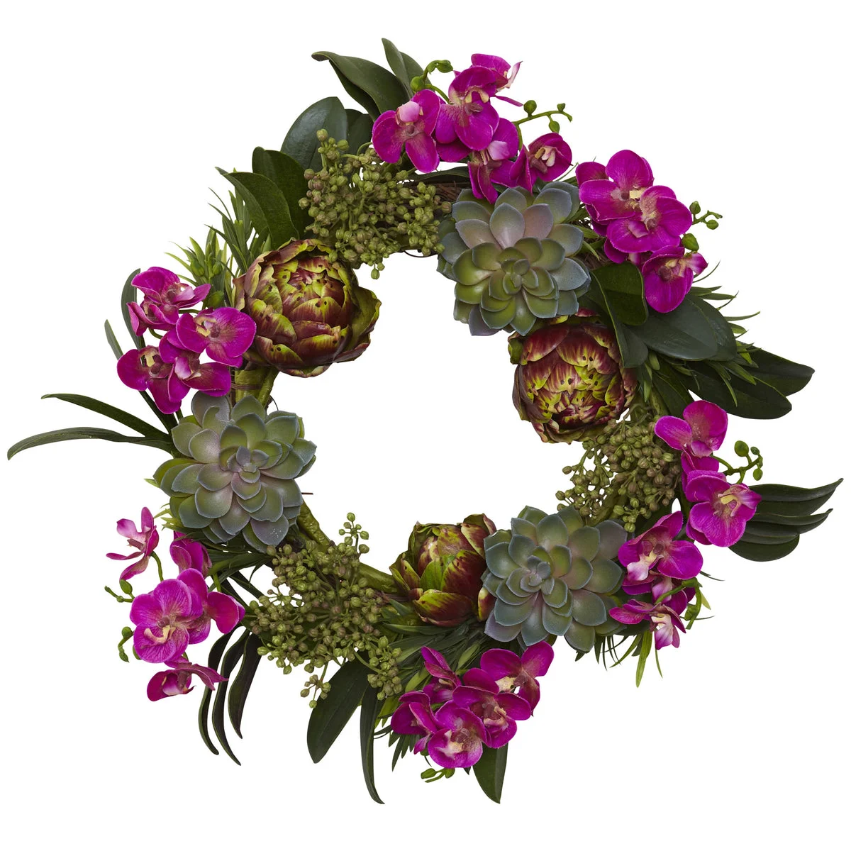 Nearly Natural 4989 20" Artificial Artichoke Orchid & Succulent Wreath, Multicolor