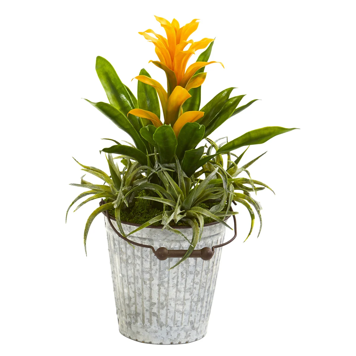 Nearly Natural 18`` Bromeliad and Succulent Artificial Plant in Metal Bucket