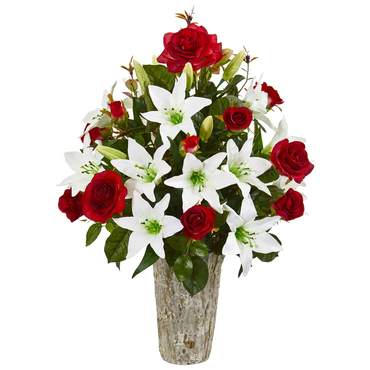 Nearly Natural Rose & Lily Artificial Arrangement in Weathered Vase