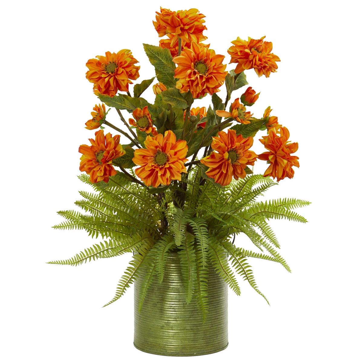 Nearly Natural Zinnia and Fern Artificial Arrangement in Metal Planter