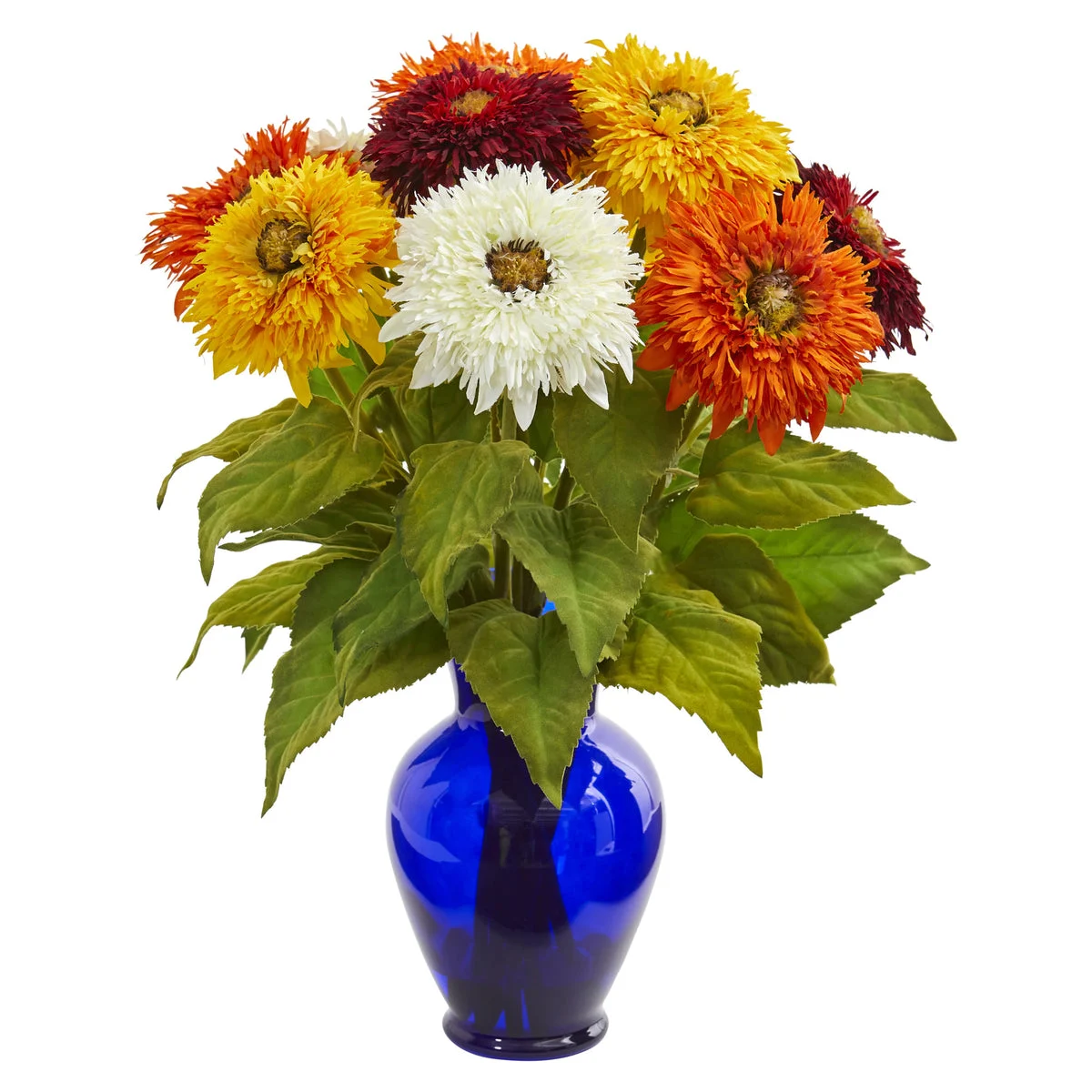 Nearly Natural Sunflower Artificial Arrangement in Blue Vase