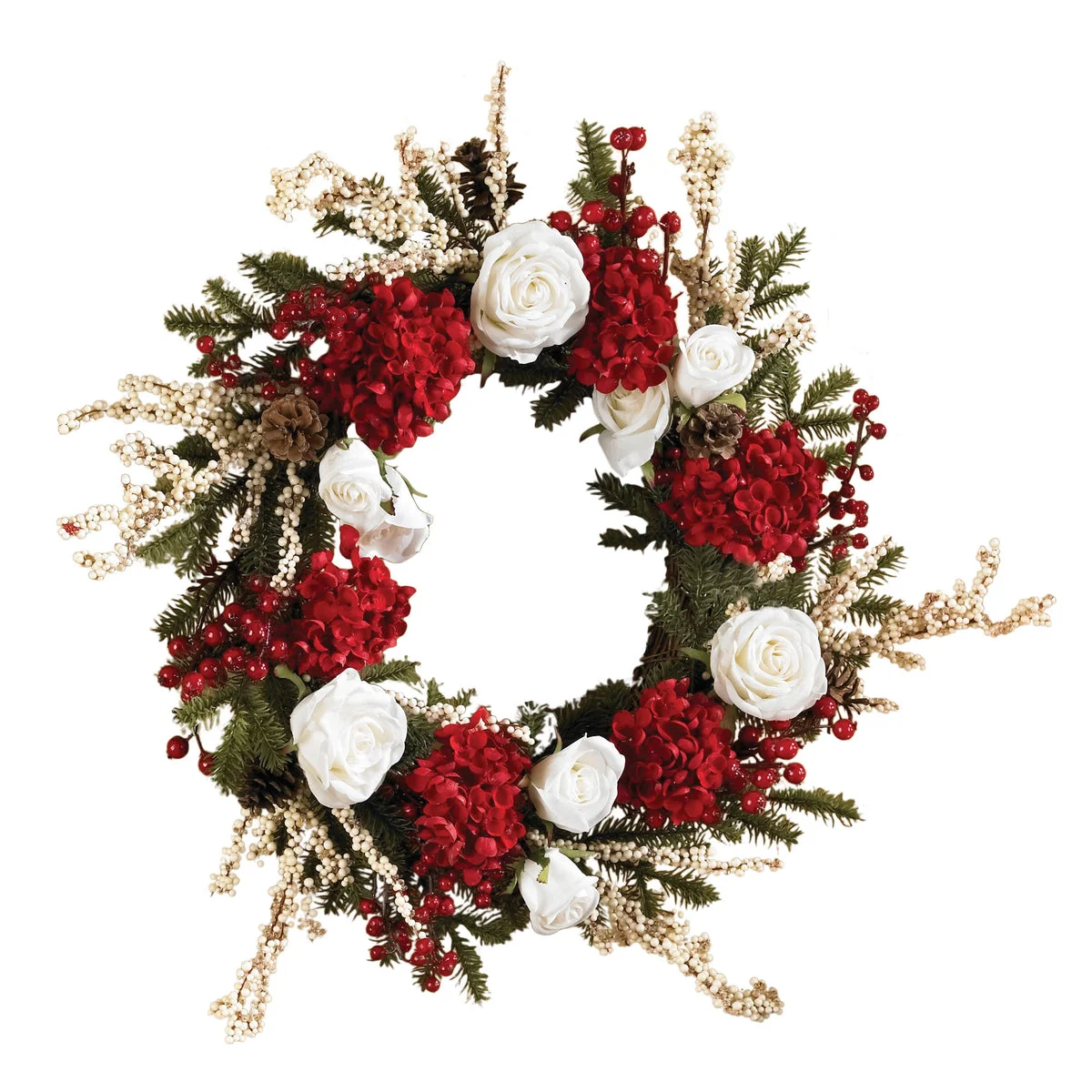 Nearly Natural 4899 24" Artificial Red & White Hydrangea with White Roses Wreath