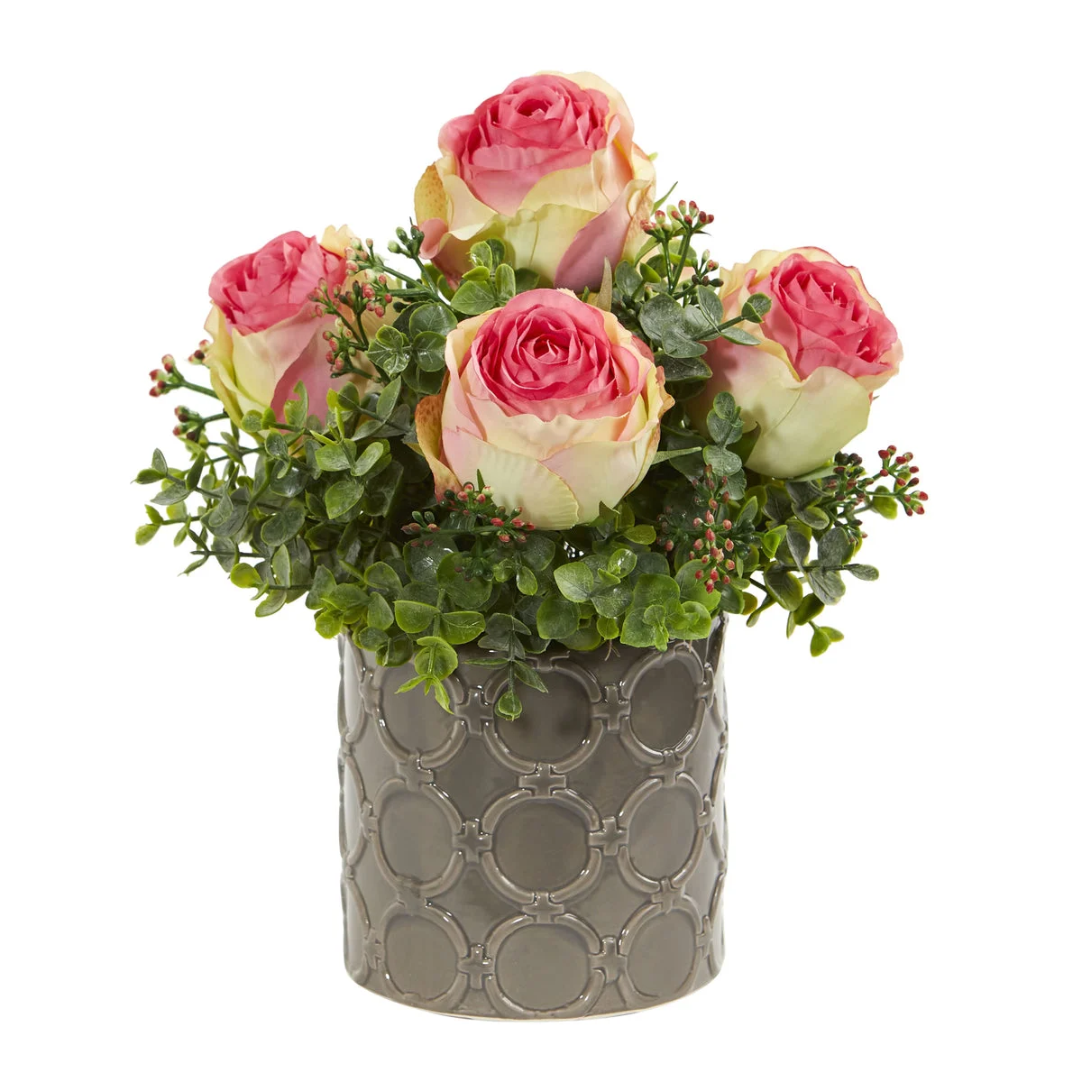 Nearly Natural 11`` Roses and Eucalyptus Artificial Arrangement in Designer Vase