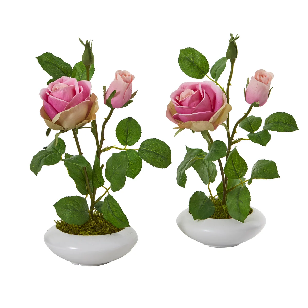 Nearly Natural 14`` Rose Artificial Arrangement in White Vase (Set of 2)