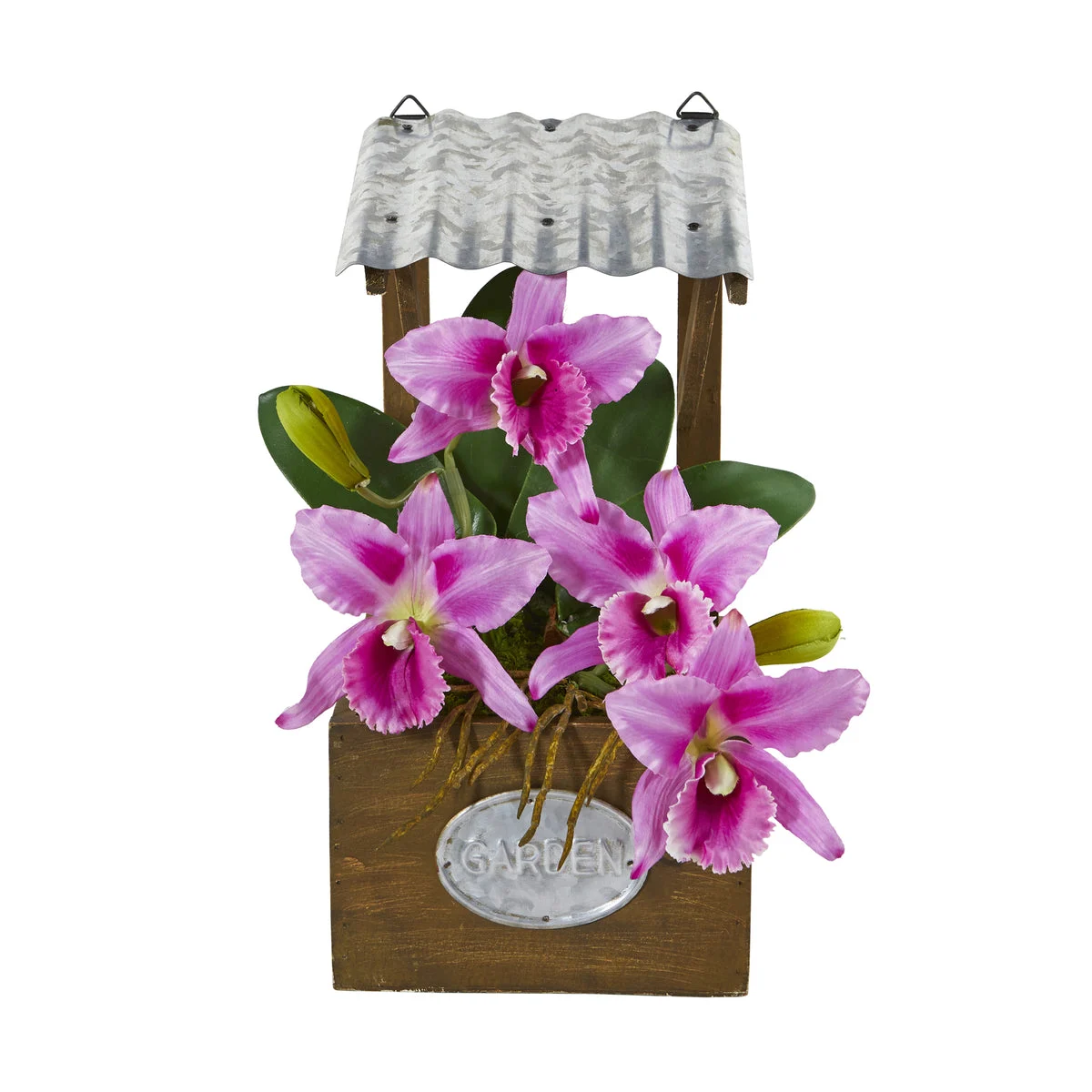 Nearly Natural 14`` Cattleya Orchid Artificial Arrangement in Tin Roof Planter