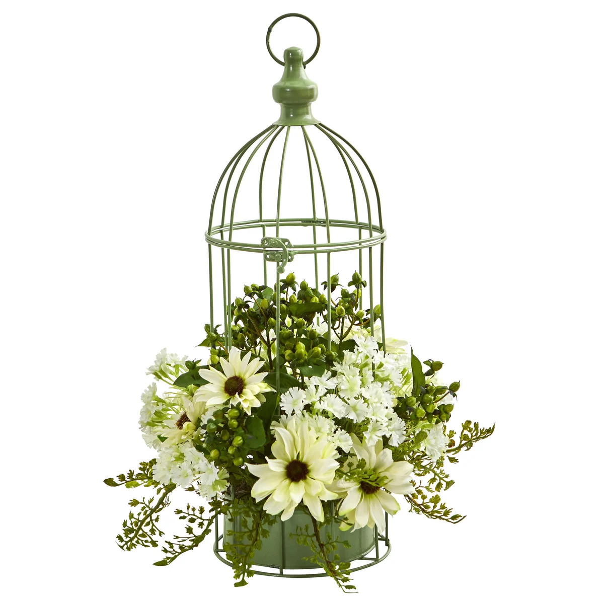 Nearly Natural Daisy Artificial Arrangement in Decorative Bird Cage