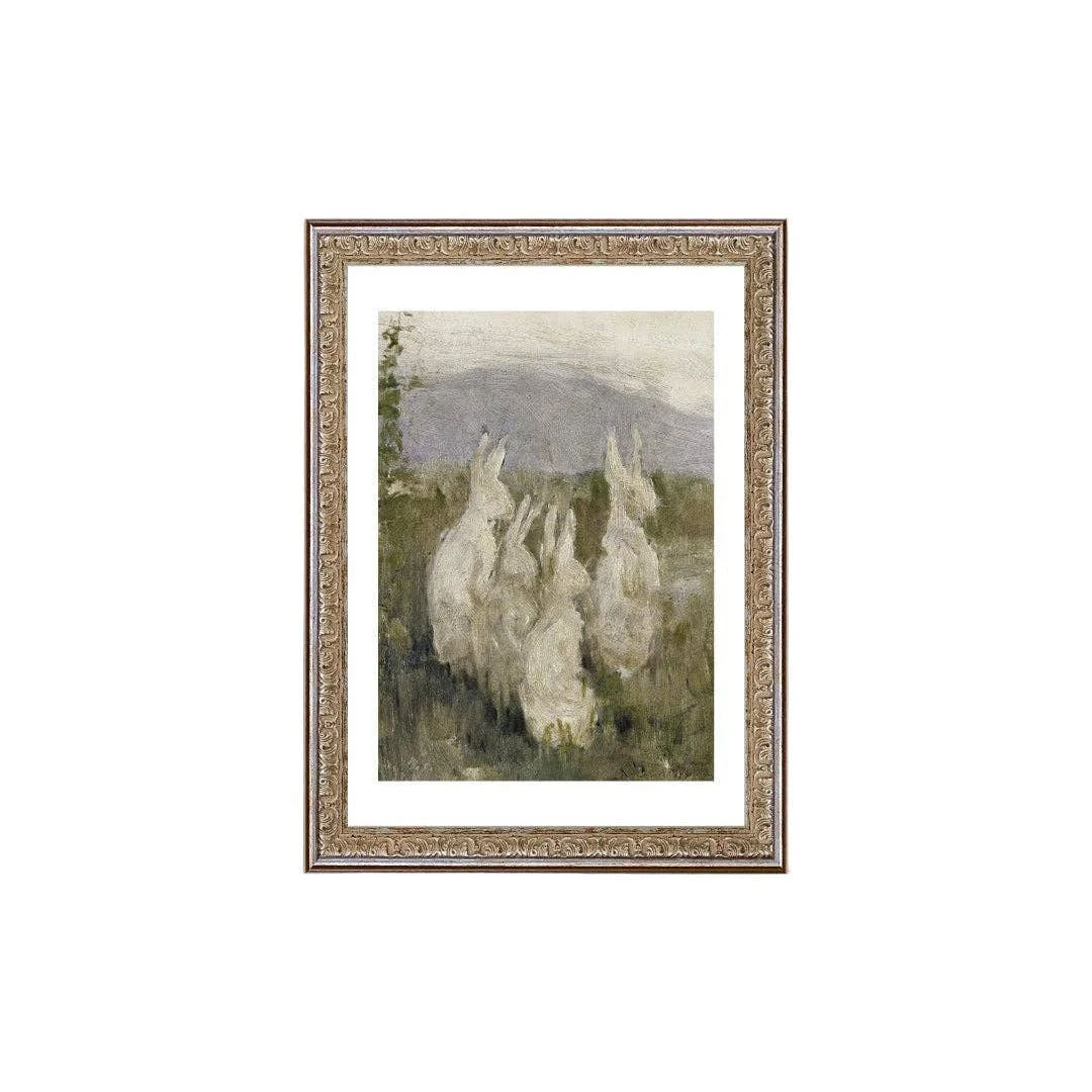 Bunnies in a Field Framed Antique Art