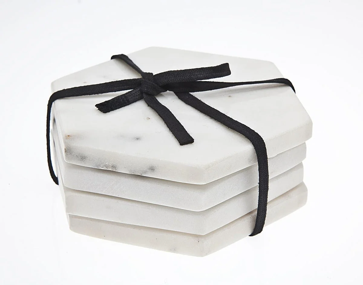 S/4 White Marble 4 Hex Coaster