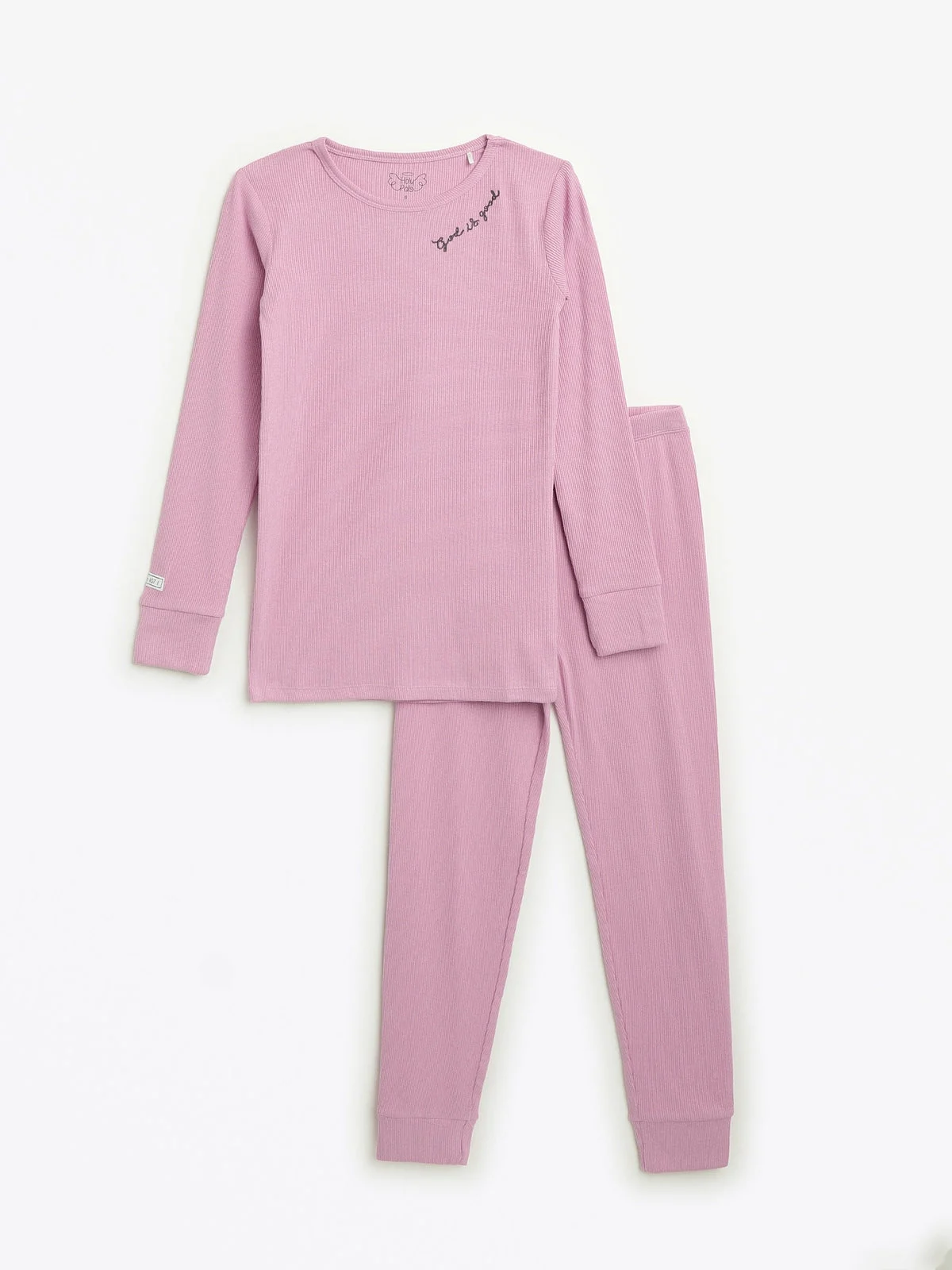 Solid Mauve PJ Long Sleeve Set Ribbed Cotton-Bamboo Blend
