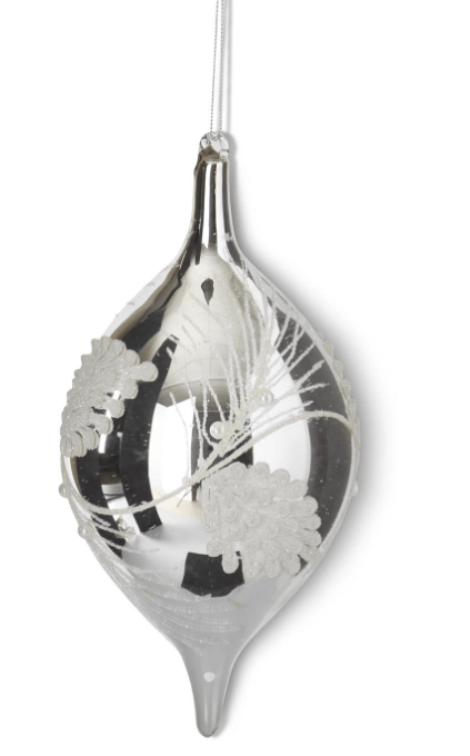 10 Inch Silver Glass Holly Finial Ornament w/White Beads