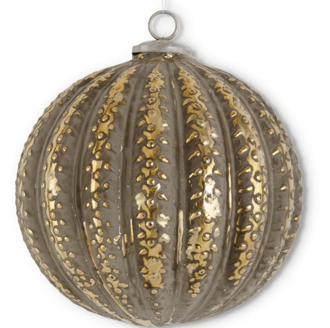 7.75 INCH DISTRESSED GOLD GLASS EMBOSSED BALL ORNAMENT
