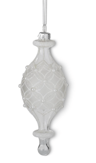 7.75 Inch Frosted Clear Glass Diamond Painted White Beaded