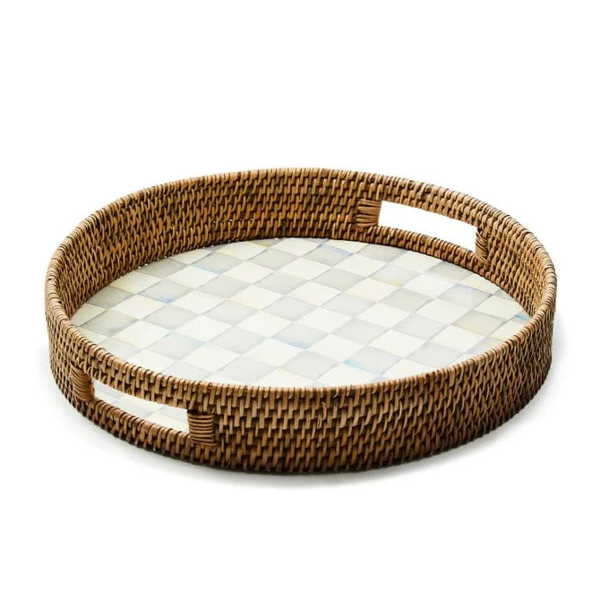 MacKenzie-Childs Sterling Check Enamel & Rattan Round Serving Tray
