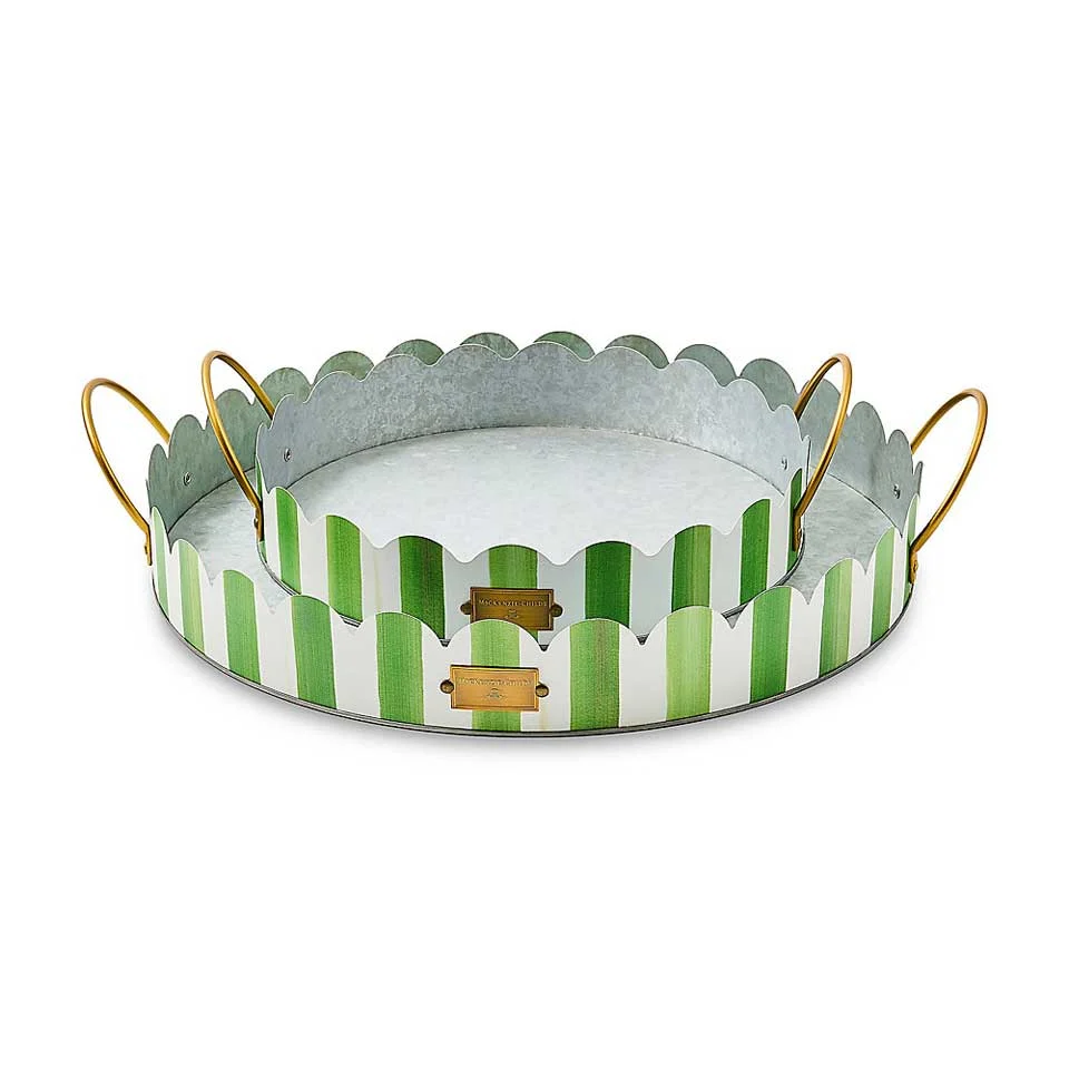 MacKenzie-Childs Grass Green Stripe Serving Trays, Set of 2