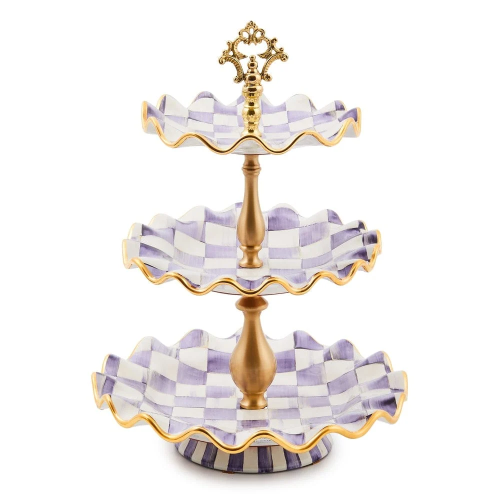 MacKenzie-Childs Violet Check Ceramic Three Tier Sweet Stand