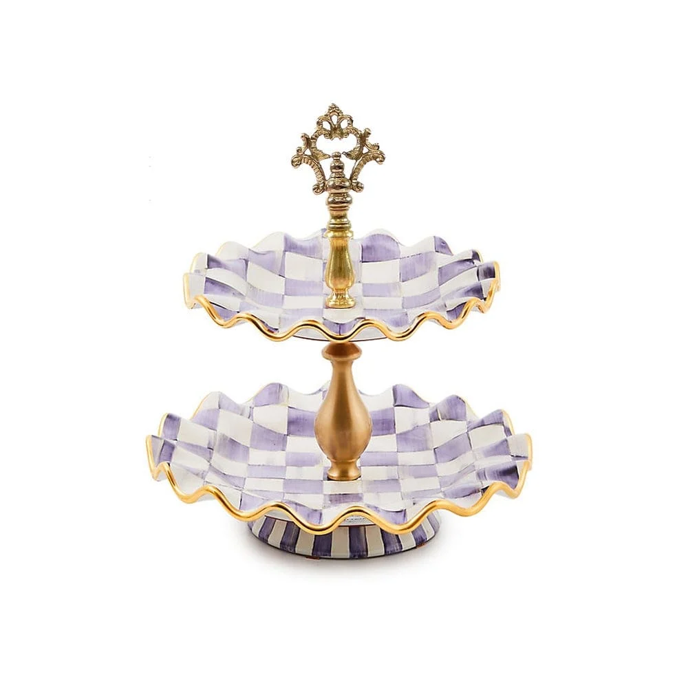 MacKenzie-Childs Violet Check Ceramic Two Tier Sweet Stand
