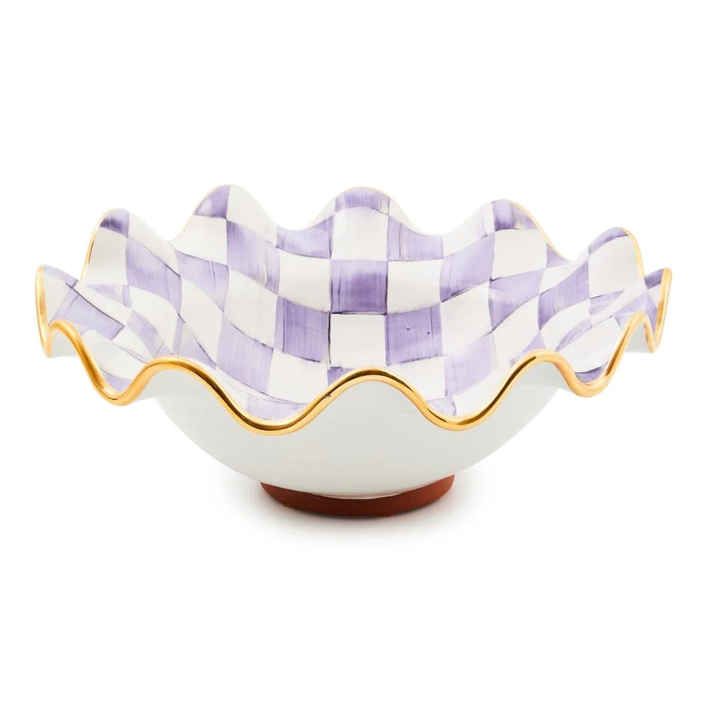 MacKenzie-Childs Violet Check Medium Ceramic Fluted Serving Bowl