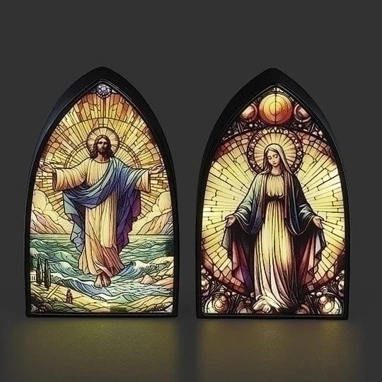 5.5"H LED JESUS AND MARY STAINED GLASS PLAQUE  ARCH