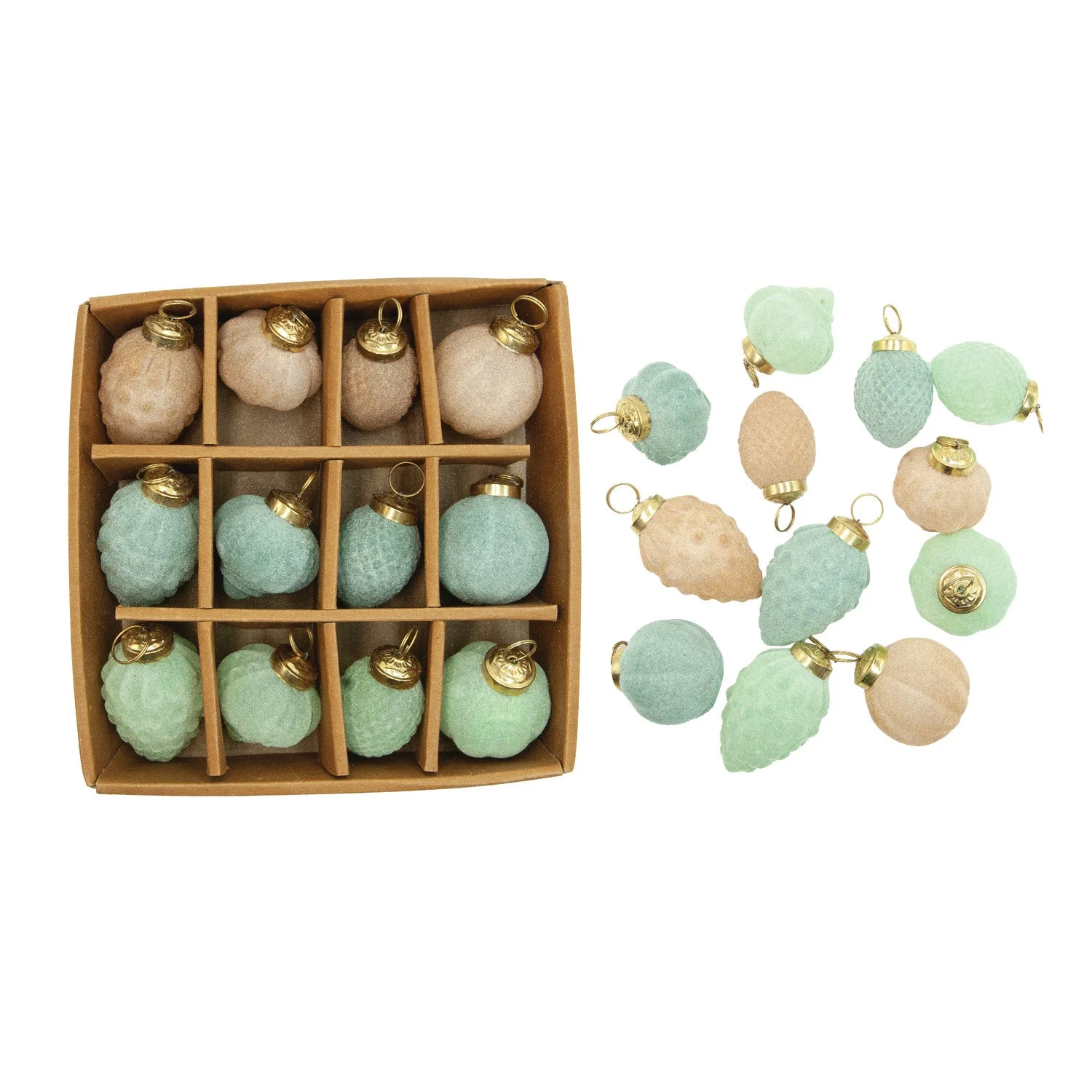 Flocked Glass Ornaments, Blue, Mint & Peach Color
