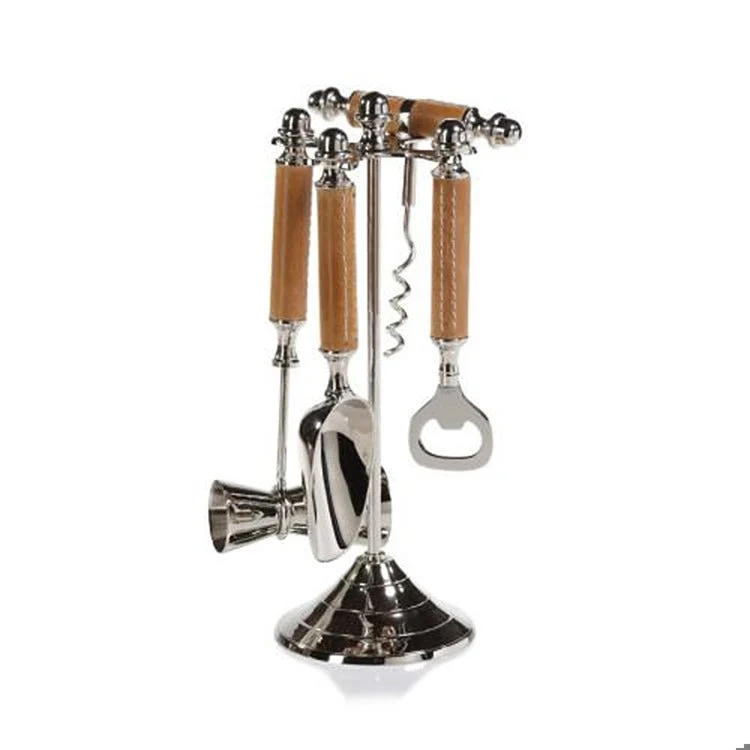 Algarve Polished Nickel and Leather Bar Tool Set
