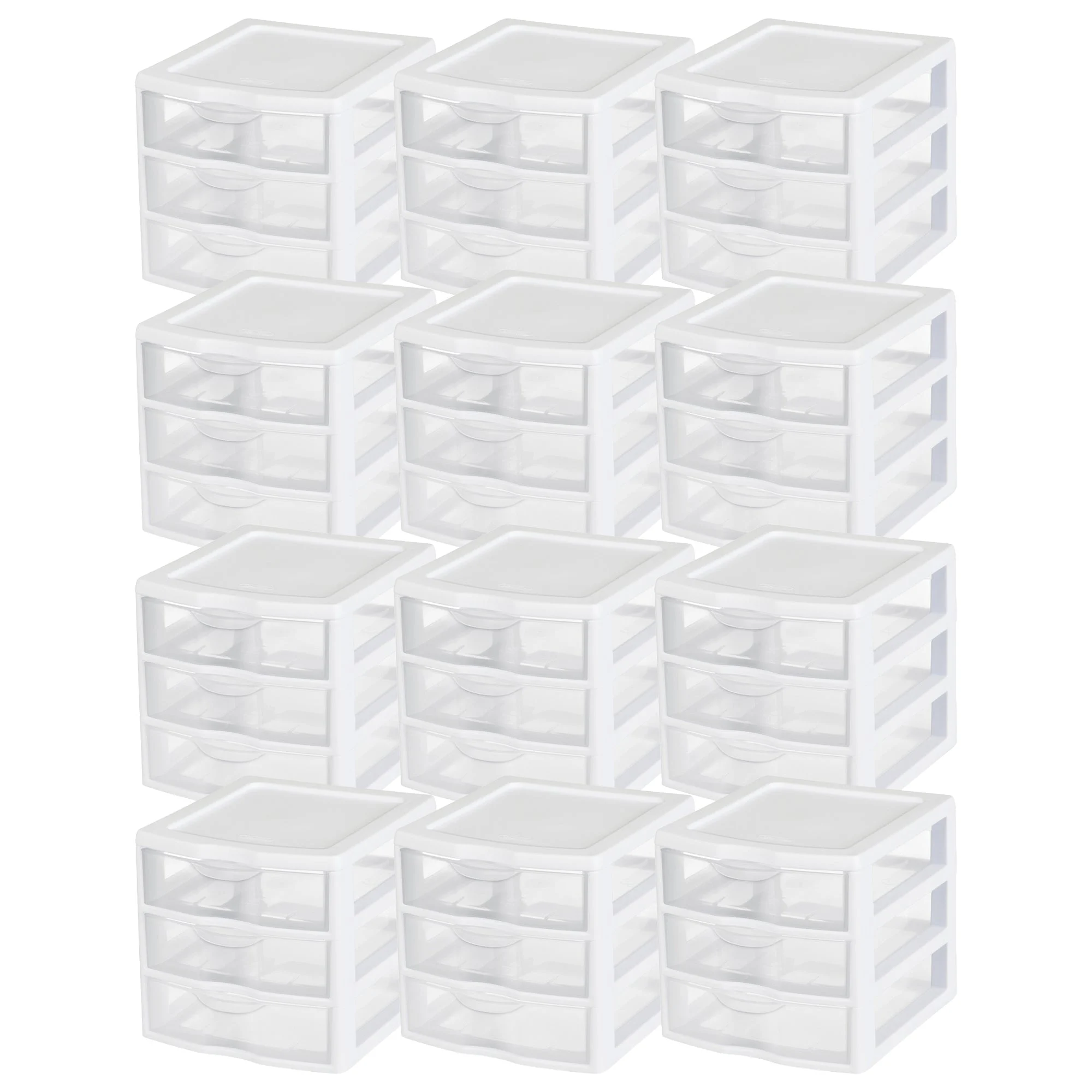 Sterilite ClearView Plastic Small 3 Drawer Desktop Storage Unit, White, 12 Pack