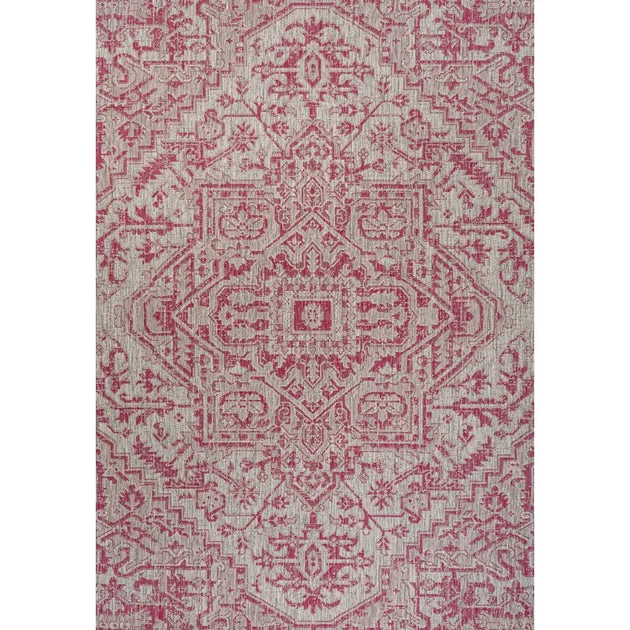 Estrella Bohemian Medallion Textured Weave 91" L x 63" W Indoor/Outdoor Area Rug - Light Gray/Fuchsia