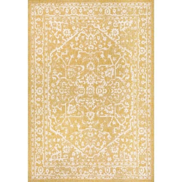 Malta Bohemian Medallion Textured Weave 120" L x 93" W Indoor/Outdoor Area Rug - Yellow/Cream