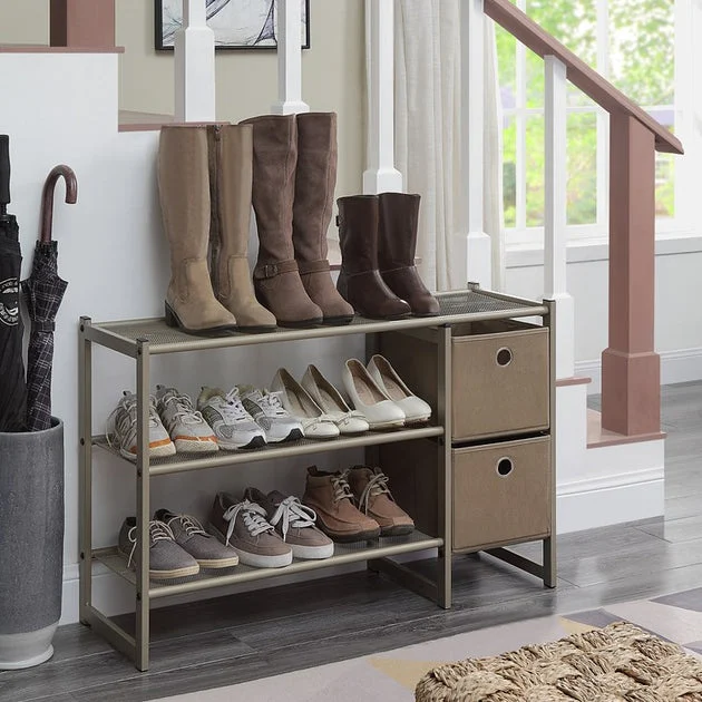 Classic Stackable Three-Tier Heavy-Duty Storage Rack with Two Bins