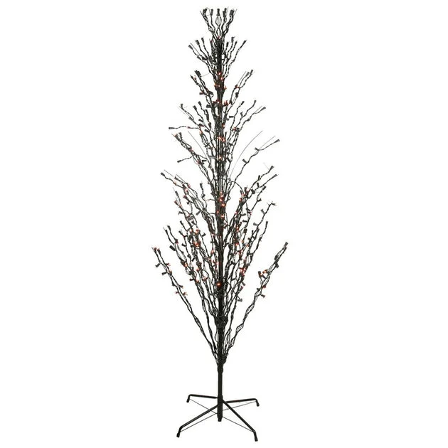 4' Pre-Lit Black Cascade Outdoor Halloween Twig Tree with Orange Lights