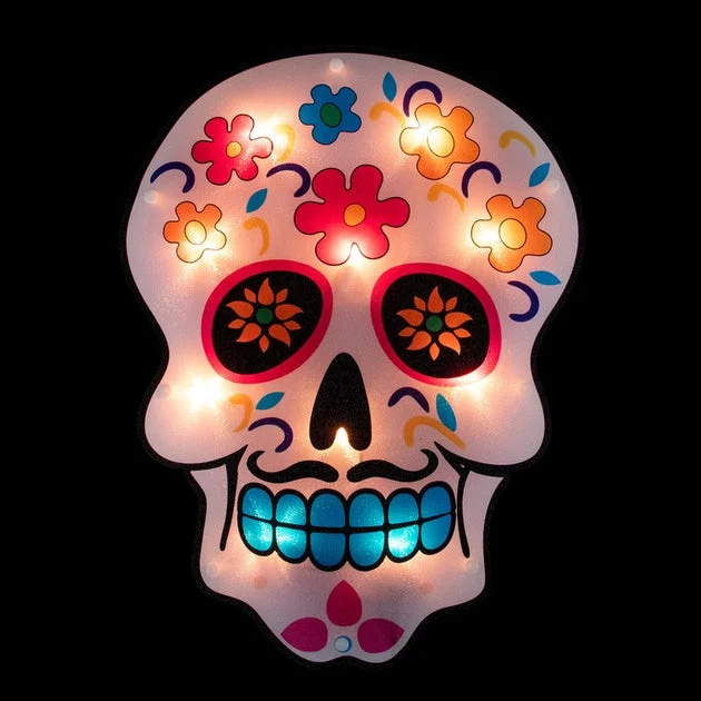 15" Lighted Day of the Dead Sugar Skull Halloween Window Silhouette Decor