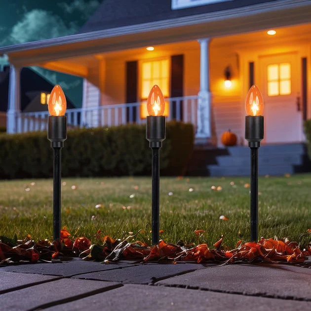 Orange C9 Bulb Halloween Pathway Markers with 8.75' Black Wire Set of 10