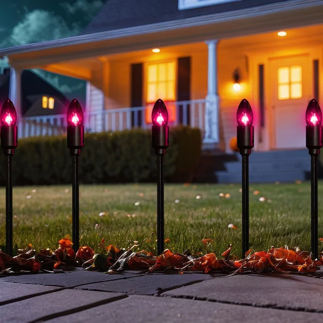 Purple C9 Bulb Halloween Pathway Markers with 8.75' Black Wire Set of 10