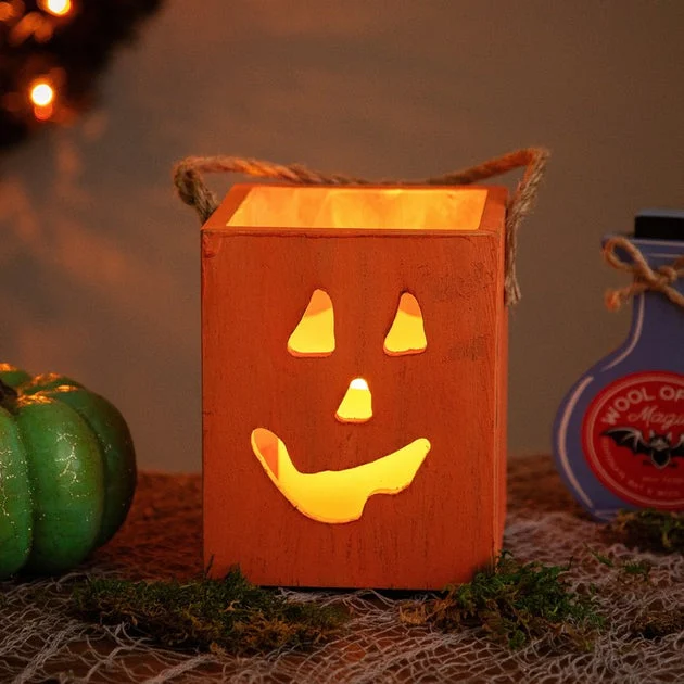 6.25" Small Orange Wood Jack-O'-Lantern Halloween Candle Lantern