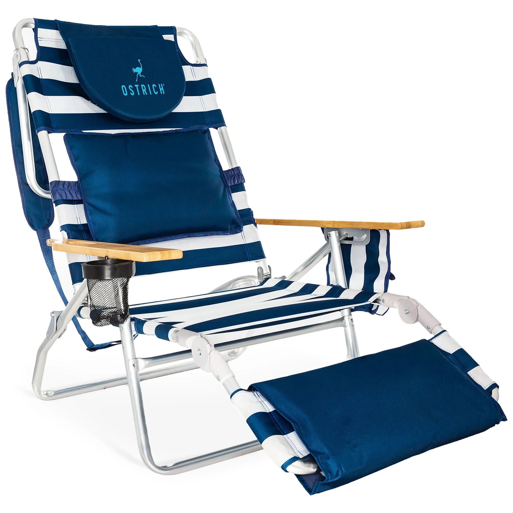 Ostrich The Deluxe 3N1 Lightweight Beach Lounge Chair w/ Footrest, Blue Stripe