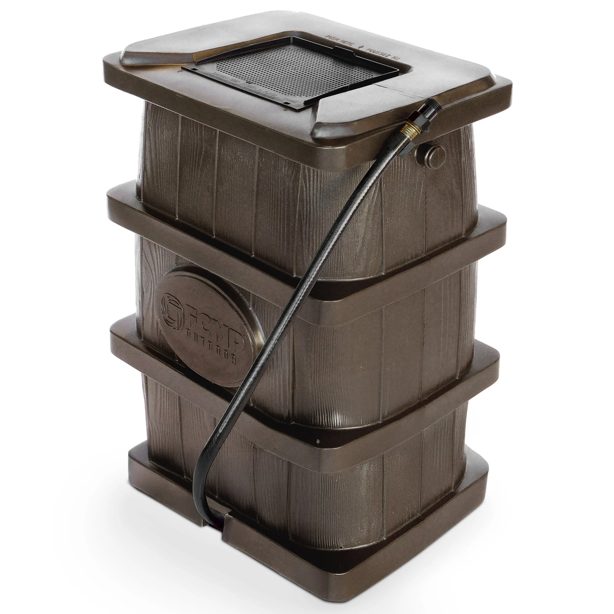 FCMP Outdoor WG4000 45 Gal Wood Grain Rain Water Catcher Barrel Container, Brown