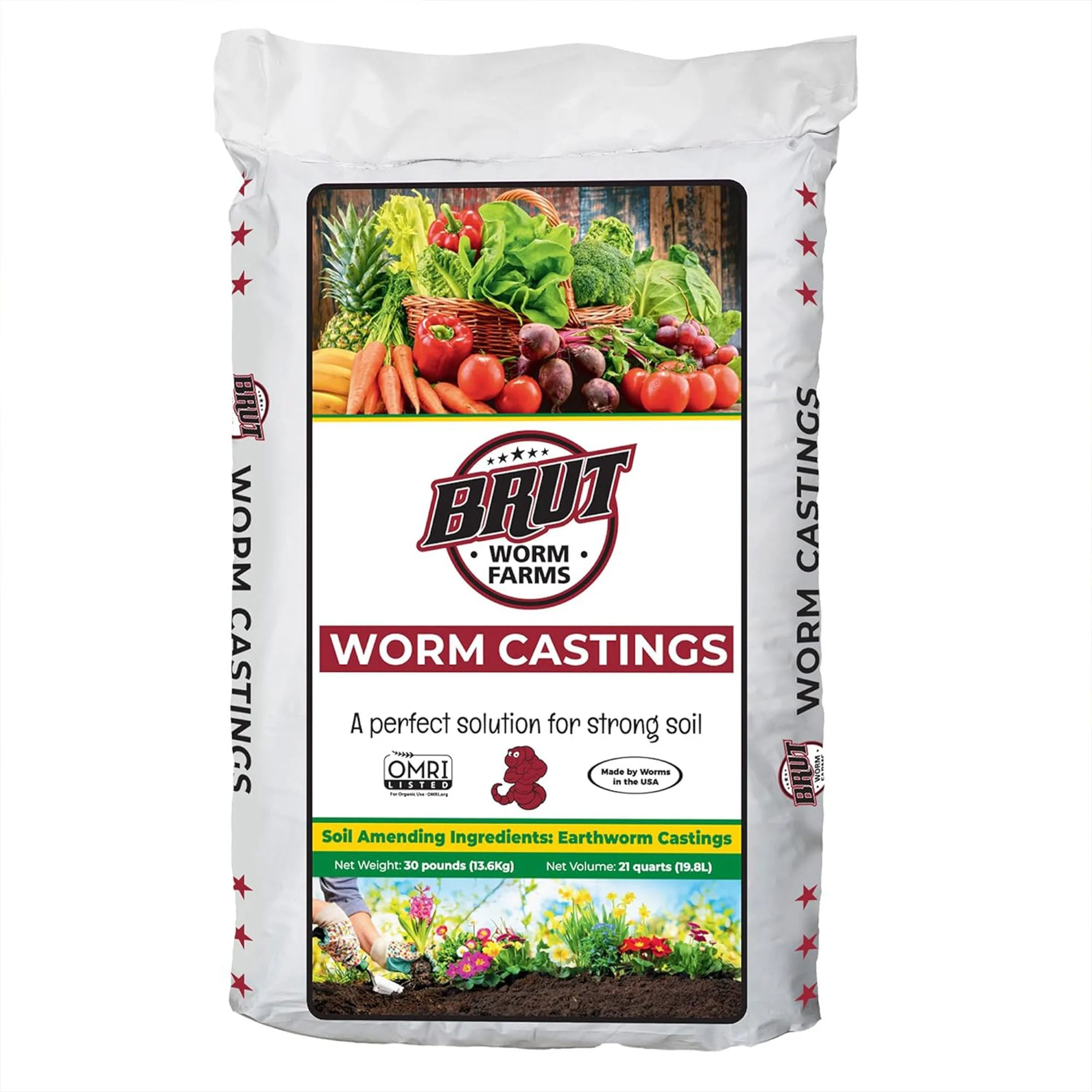 Brut All Natural Organic Worm Castings Soil Builder, 30 Pound Bag