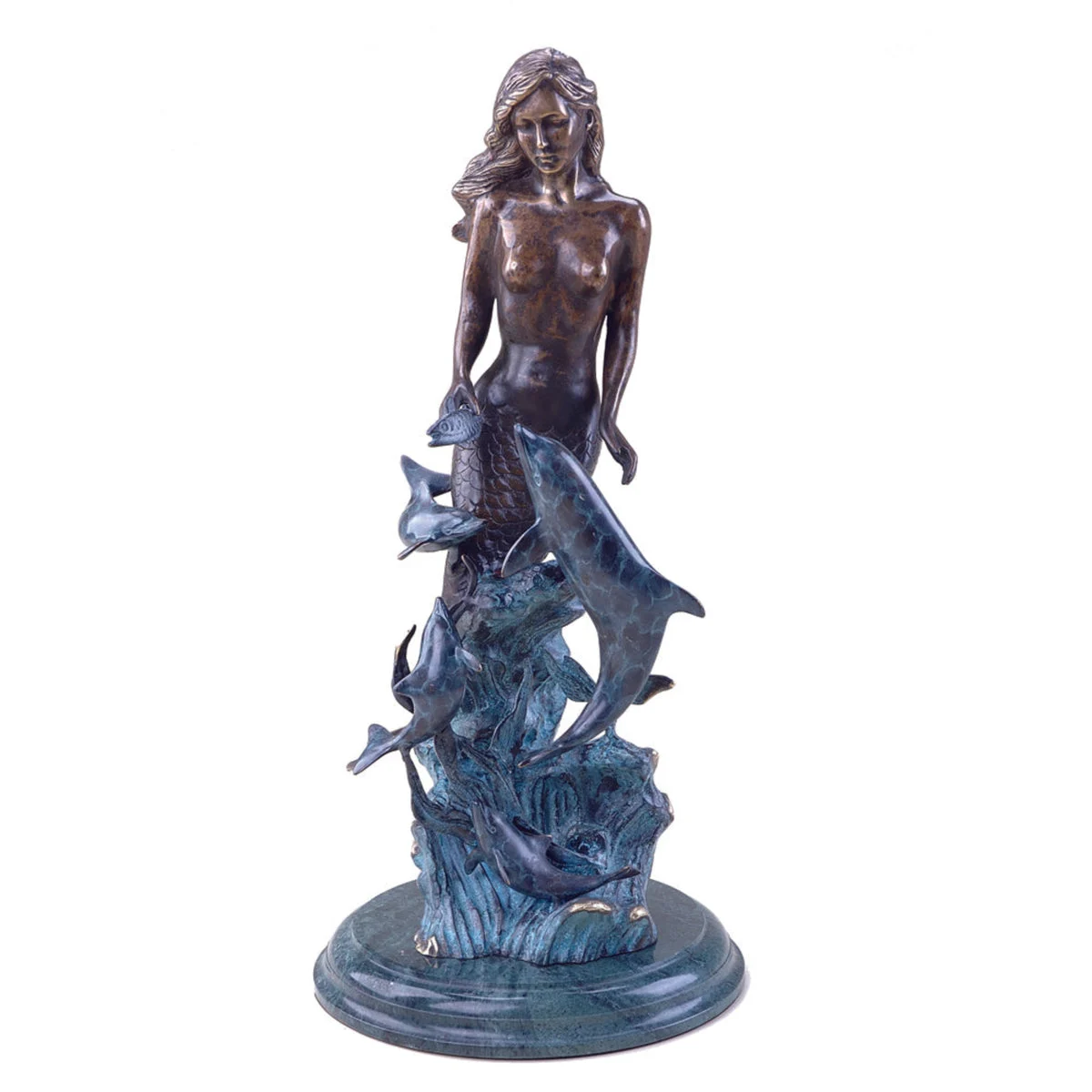 SPI Home Brass Mermaid with Dolphins – 21" Tall Ocean-Inspired Tabletop Sculpture for Home Decor